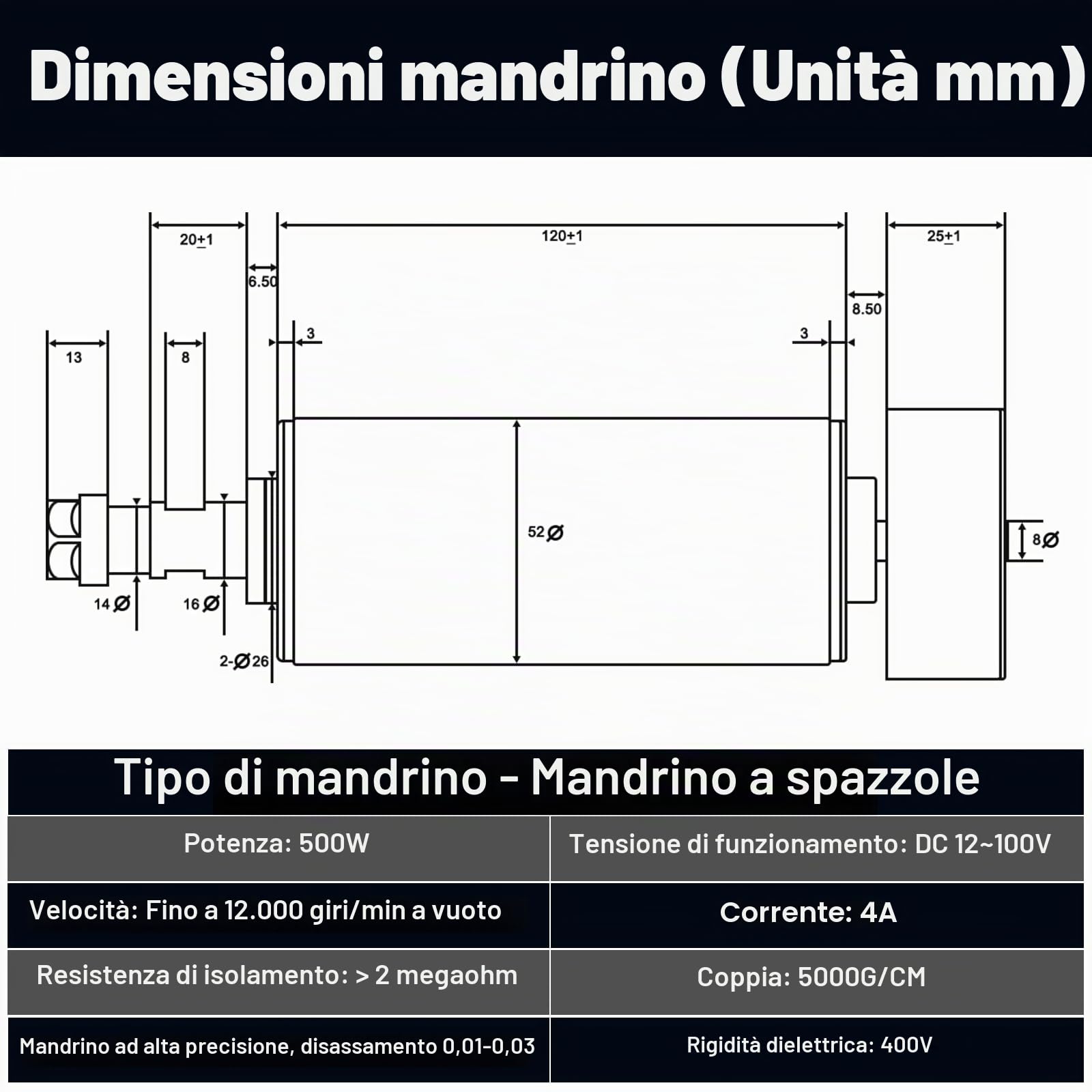 YOFULY Kit motore mandrino spazzolato da 500 W - con mandrino CNC ad alta velocità, convertitore di potenza, pinze ER11 da 13 pezzi e morsetto da 52 mm, per fresatrice CNC fai da te
