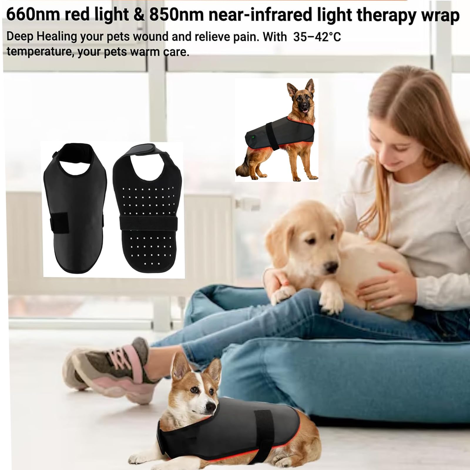 Cinturón Terapia Luz Roja Mascota, Calefacción Infrarroja, Faja Espalda Ajustable 160 LED, Recargable, Temporizador 15 Min, Alivio Dolor Artritis Perros Gatos