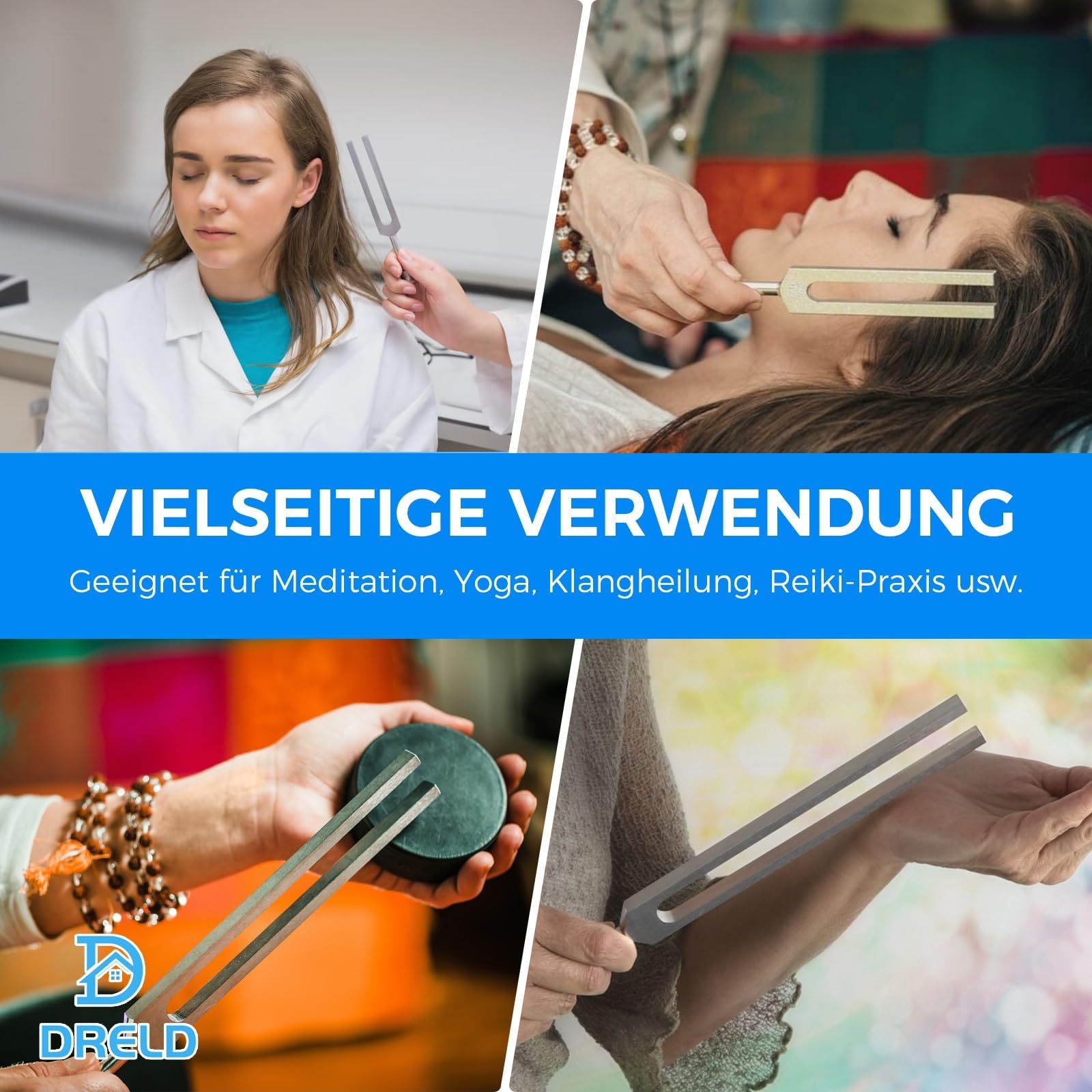 DRELD 5 Stimmgabel Set, Chakra Stimmgabel mit Holzständer, Aluminiumlegierung Tuner mit Silikonhammer Inbusschlüssel, für Heilung Klangtherapie Ausgleich Vibration (256HZ, 259HZ, 262HZ, 267HZ, 271HZ)
