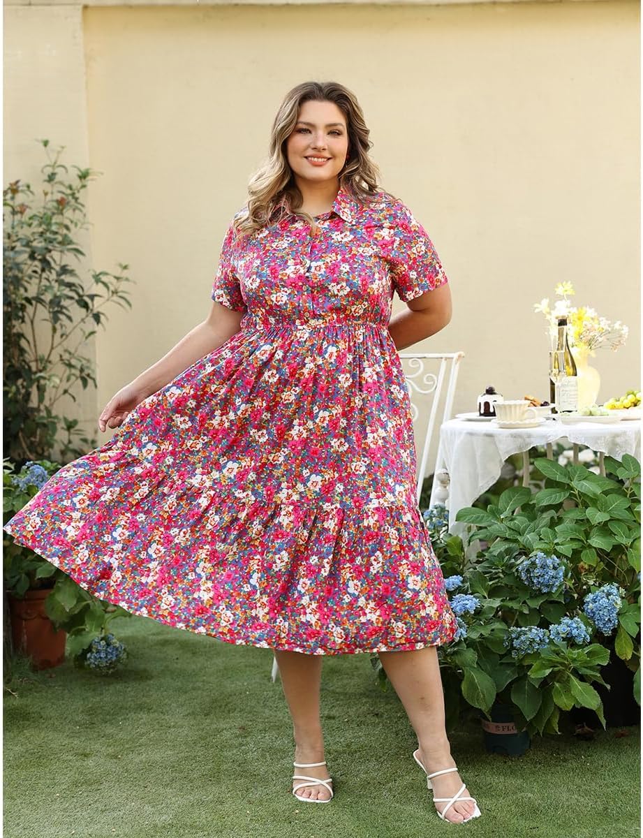 RITERA Plus Size Short Sleeve Dress for Curvy Women Button Up Floral Flowy Summer Casual Maxi Dresses with Pockets XL-5XL - Image 2