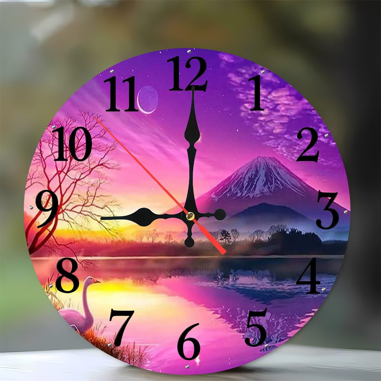 Horloge murale en bois motif montagne violette pour la cuisine
