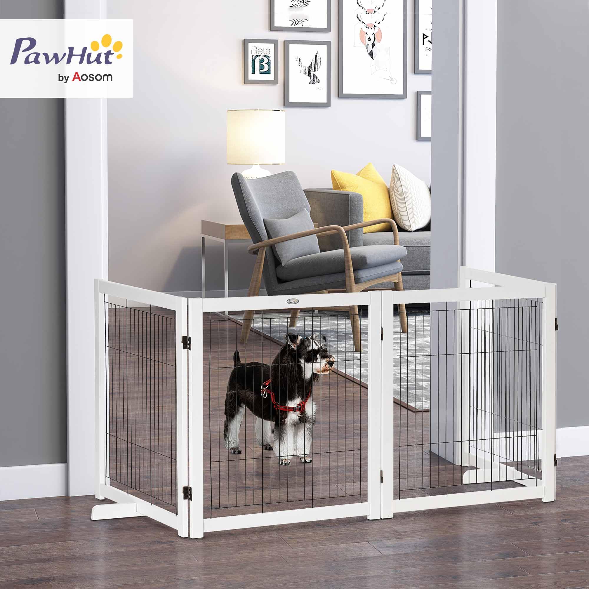 PawHut Barrera para Perros con pies, 305 x 82 cm, Madera, Plegable, para escaleras, Puertas, pasillos, 4 Paneles, Color Blanco