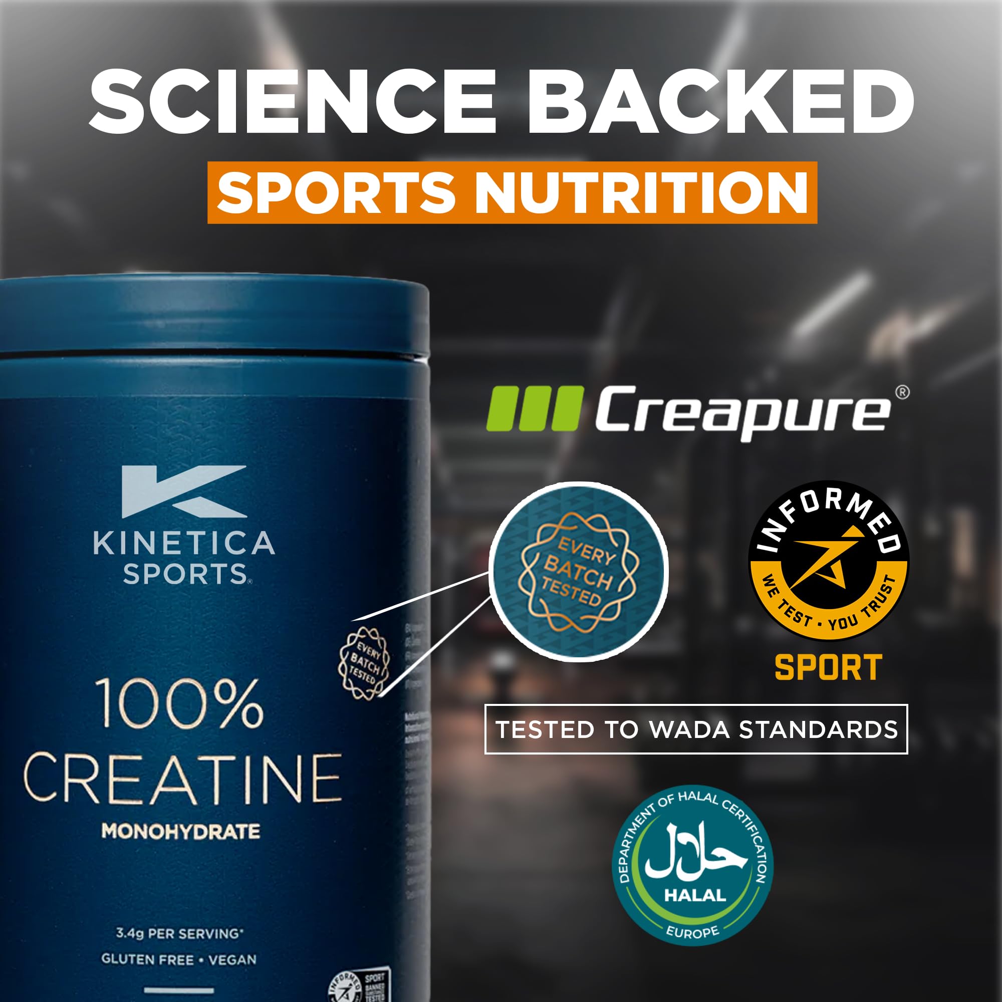 Kinetica Creatina in polvere 100%, 500 g, creatina monoidrato, 147 dosi, creatina in polvere per atleti, conforme ai criteri AMA, facilmente solubile, vegana, senza glutine.