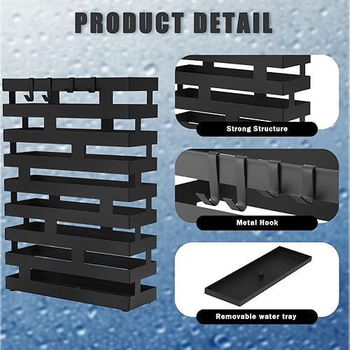 Miniatura 3 de Soportes para paraguas para entrada, soporte grande de metal para paraguas con bandeja de agua extraíble y ganchos, decoración rectangular
