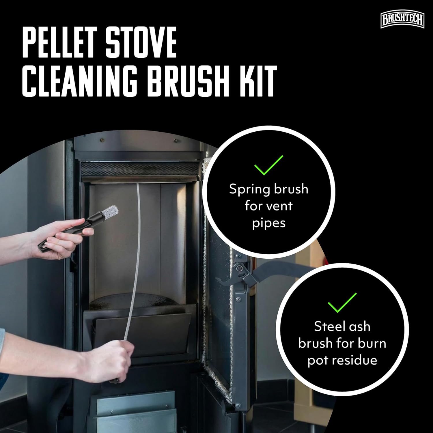 Brushtech Pellet Stove Cleaning Brush Kit - 10-Foot Non-Kinking Spring Brush for 3-Inch Vent Pipes with Bonus Steel Ash Brush - Safe Airflow Maintenance for Stove Pipes