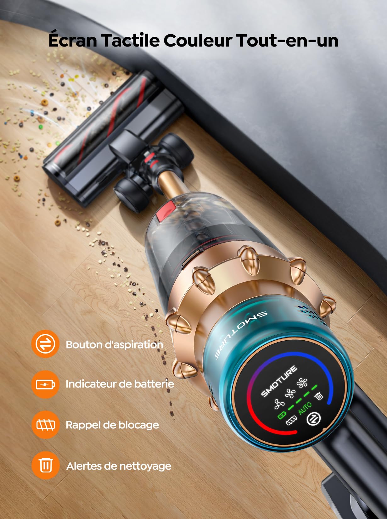 Bezprzewodowy odkurzacz SMOTURE, 550W/ 45KPA/60 min autonomii, mocny i cichy, ładowanie ścienne, perfumowane, kolorowe ekrany dotykowe, 1,5 l, czyszczenie krawędzi