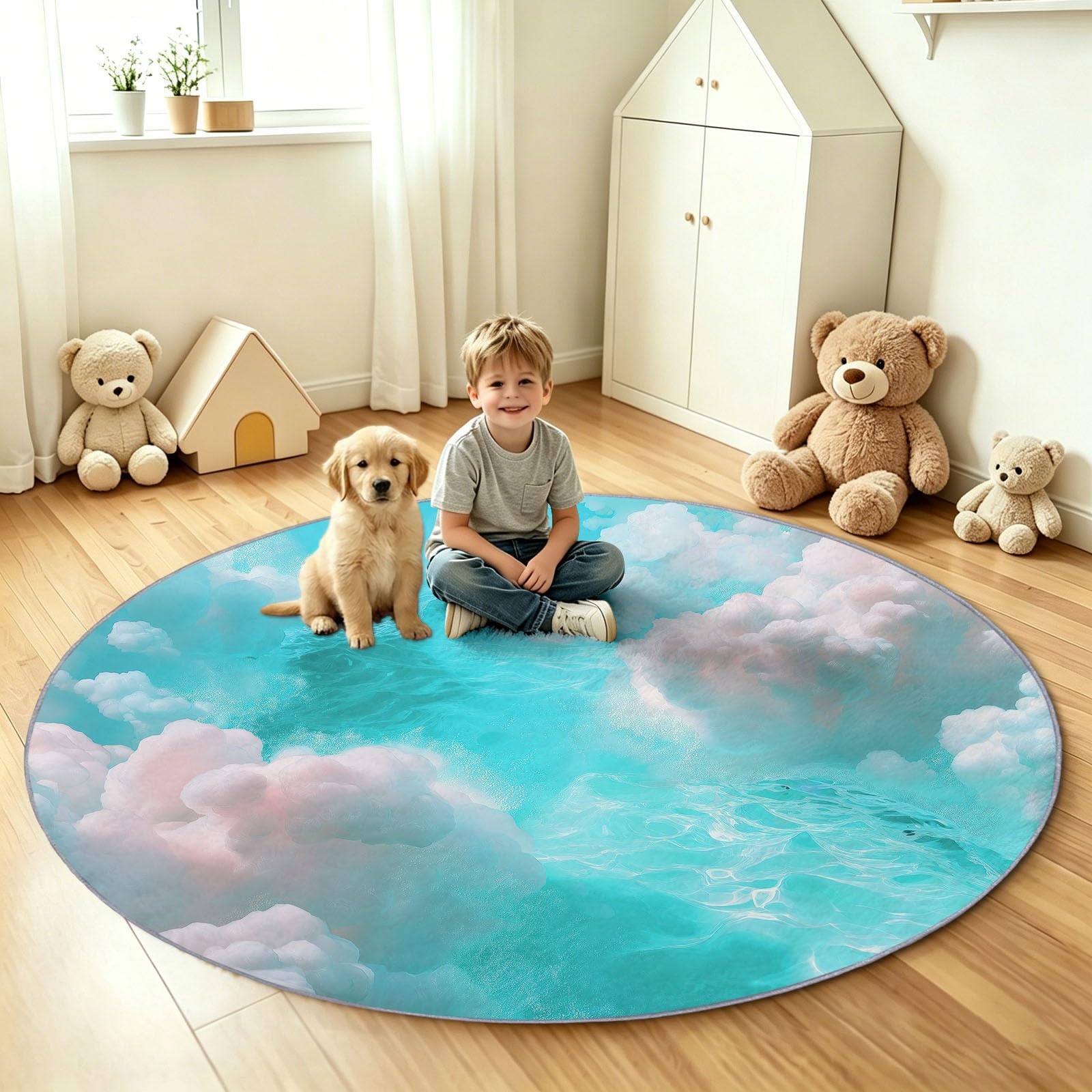 Tapis Rond Lavable en Machine pour Enfants 200 cm, Poils Doux et Facile à Entretenir Nuages Rêveurs Interieur Chambre à Coucher Salon Bureau Tapis Antidérapant Couleurs Résistantes Ciel Bleu