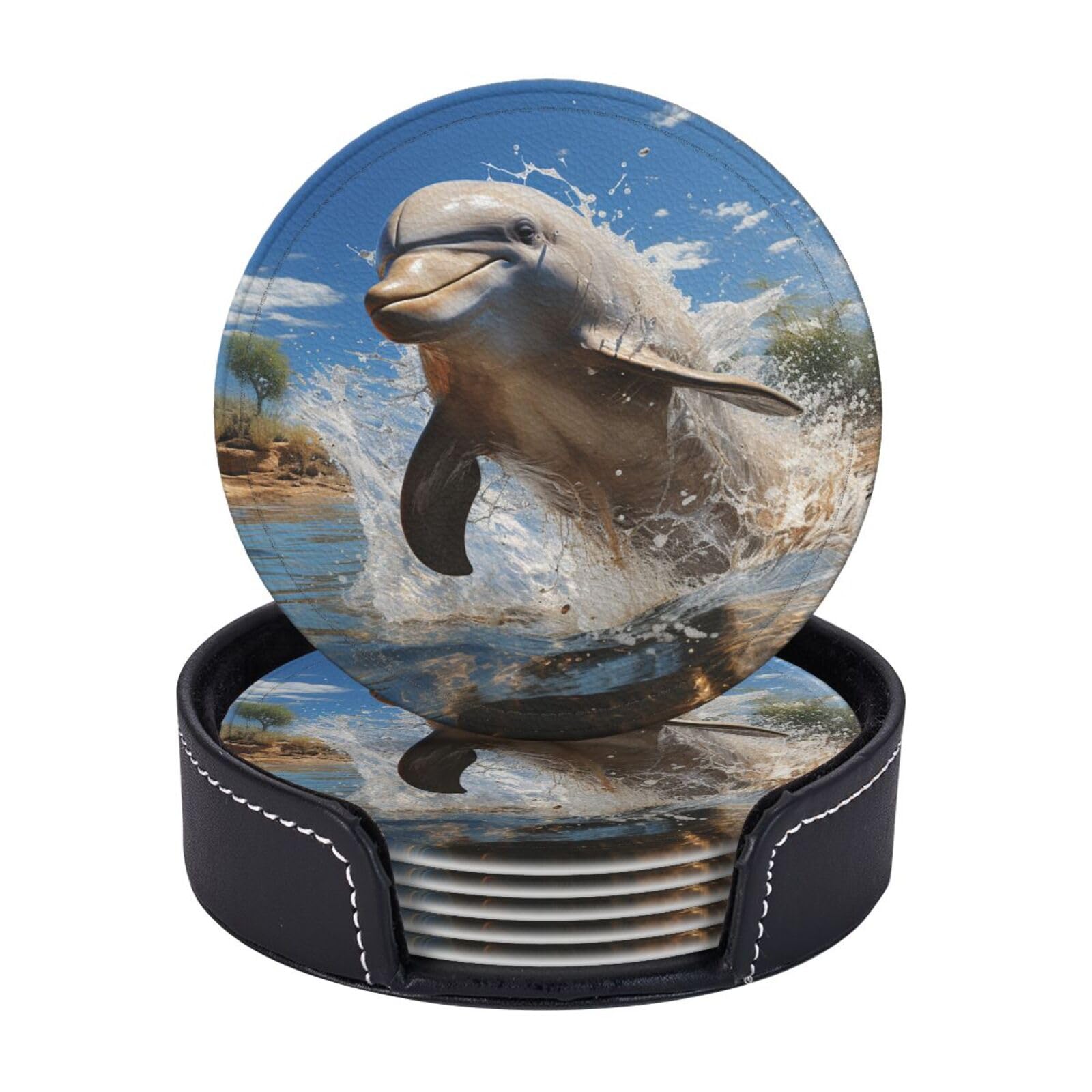6 Pcs Round Leather Coasters for Drinks Absorbent Non-Slip Drink Coasters with Holder There is a dolphin jumping Coasters Waterproof Heat Resistant Cup Mats for Home Kitchen Bar Office Decor