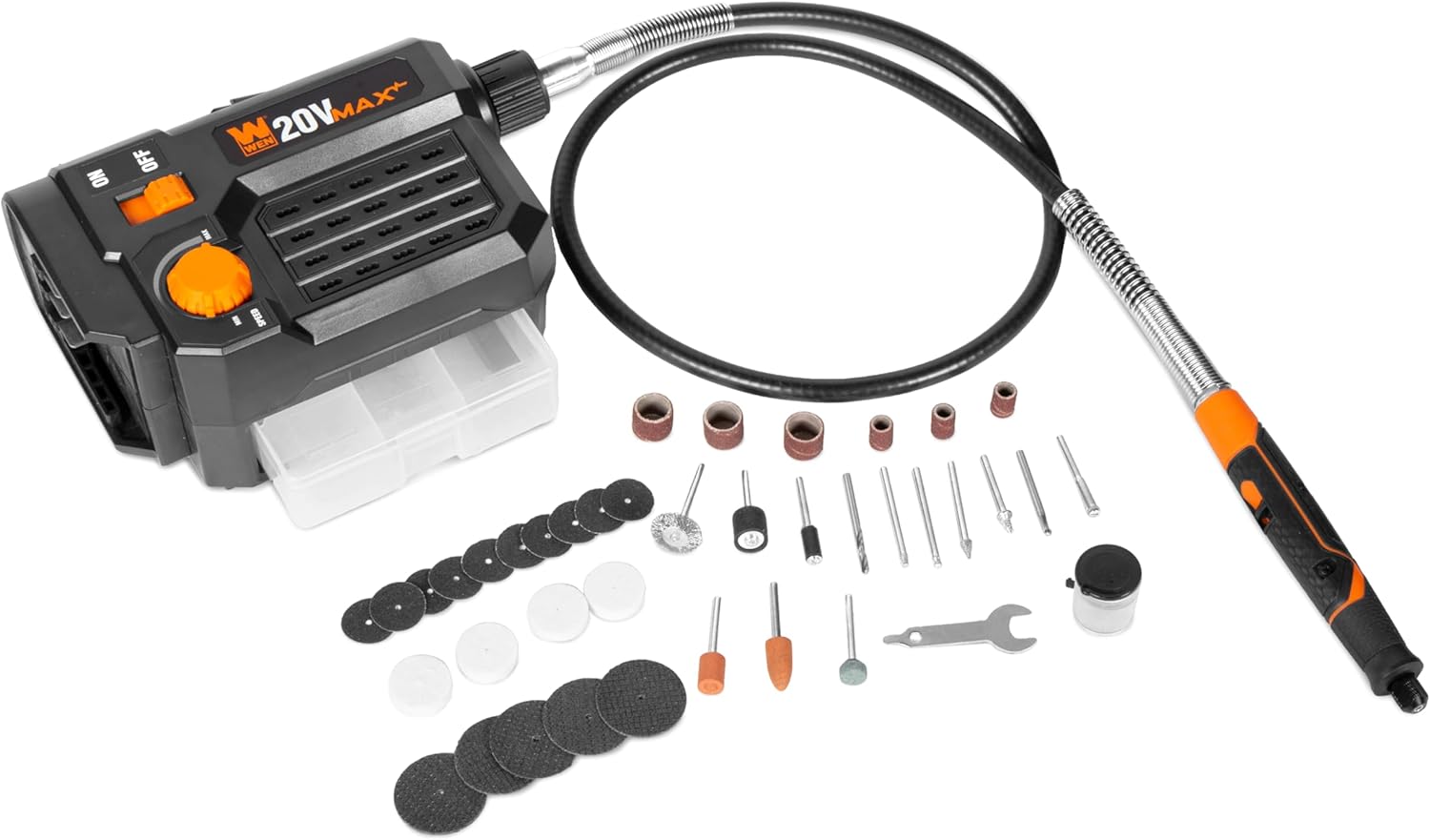 WEN 20V Max Cordless Variable Speed Rotary Tool Station with Flex Shaft and 40 Accessories (Tool Only – Battery Not Included) (20923BT)