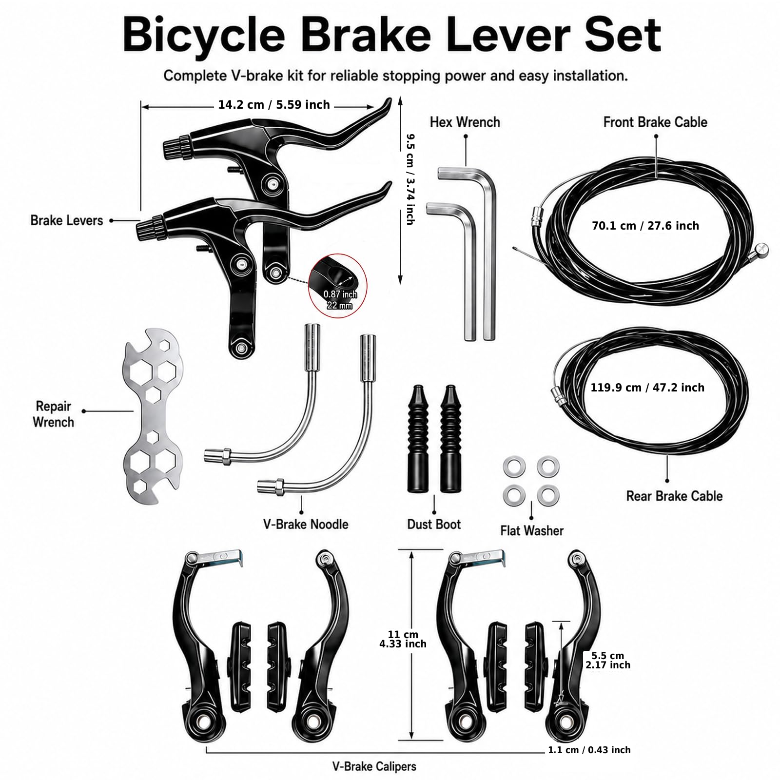 Kit Freni Bici V-Brake Completo con Leve Freno, Cavi Freno Anteriore 75 cm e Posteriore 175 cm, Pattini Freno e Accessori, Set Universale per MTB e Bici da Strada
