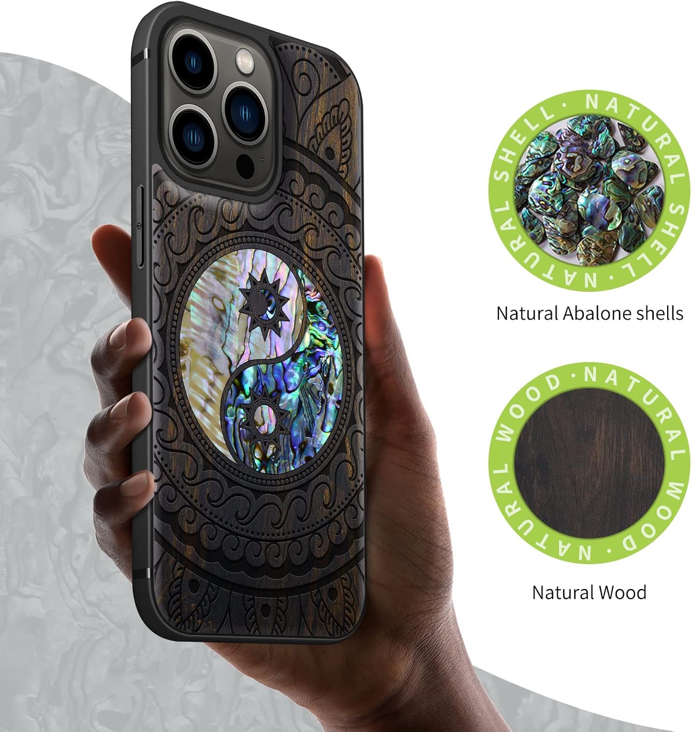 Carveit Designer Wooden Protective Case for iPhone 13 Pro Magnetic Cover [Wood Engraving & Shell Inlay] Compatible with 13 Pro MagSafe (Yin Yang Paisley-Blackwood)