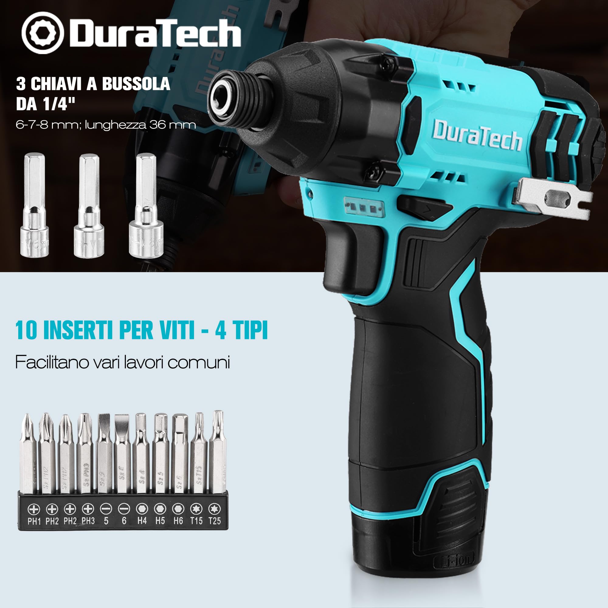 DURATECH Avvitatore a impulsi 12 V, 100 Nm, 0–2400 giri/min, 1/4″, 11 bit, 3 bussole, LED, velocità variabile, batteria 2000 mAh, caricabatterie e borsa inclusi
