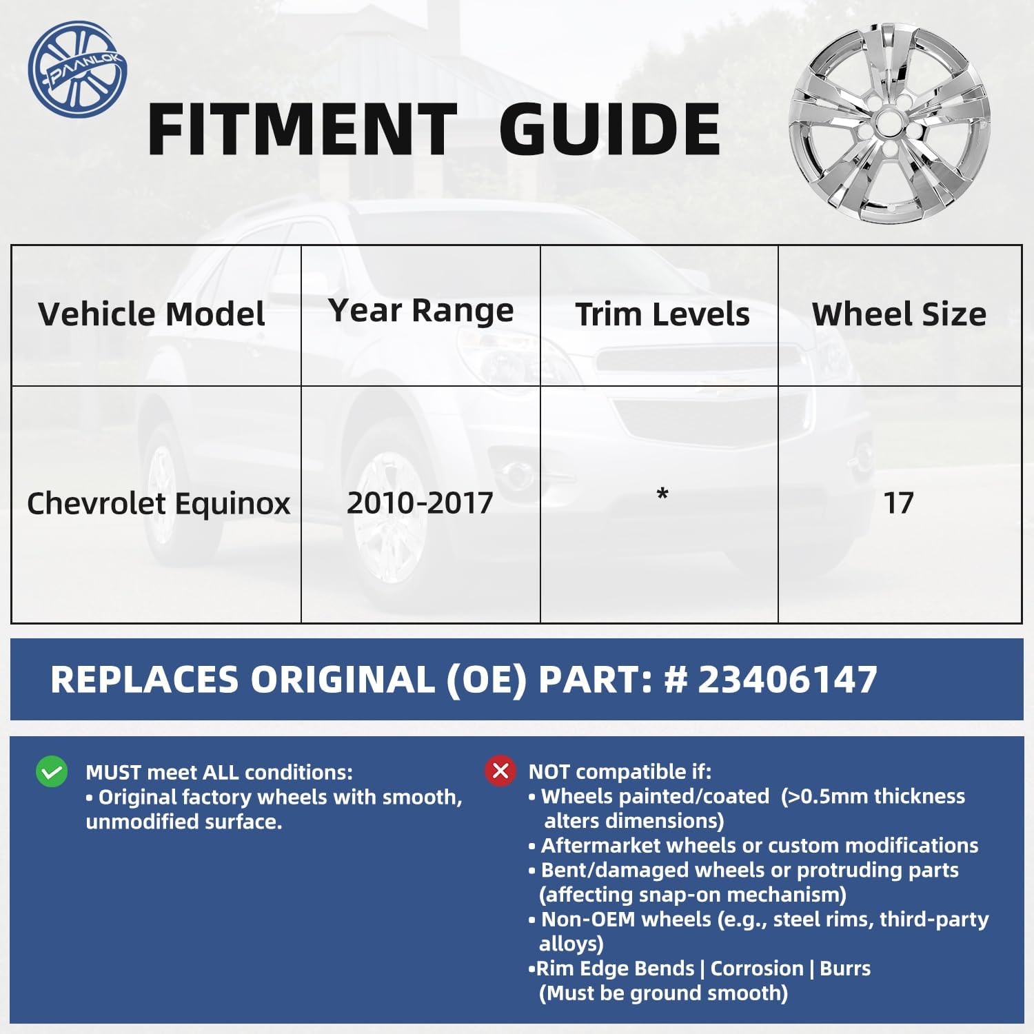 17 Inch Wheel Covers Hubcaps for 2010-2017 Chevrolet Equinox, Fits OEM Alloy Wheel #23406147, Chrome Silver Wheel Skins 4-Pack