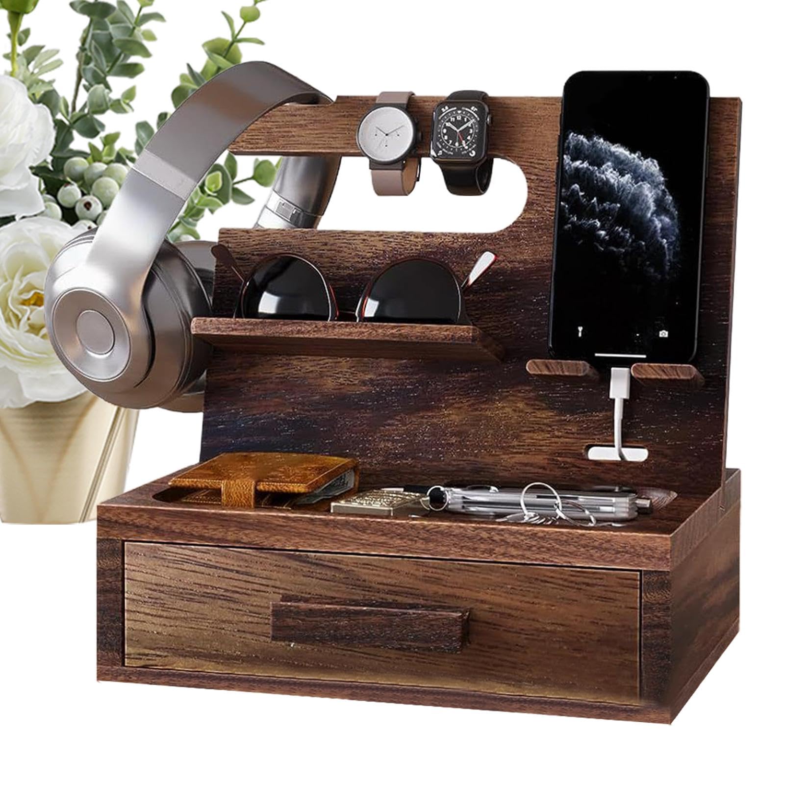 Gift For Men Wood Phone Docking Station Bedside & Desk Organiser With Detachable Phone Stand & Drawer Wallet Stand Desk Organizer Fathers Gift An-niversary Dad Birthday Present For Dad Mens