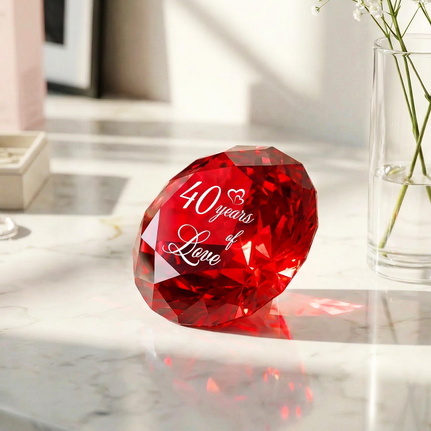 YWHL Happy 40th Wedding Anniversary Romantic Gifts for Wife Husband, Ruby Wedding Gift for Her, 40 Years of Love Present for Couple, Red K9 Crystal Diamond Decoration