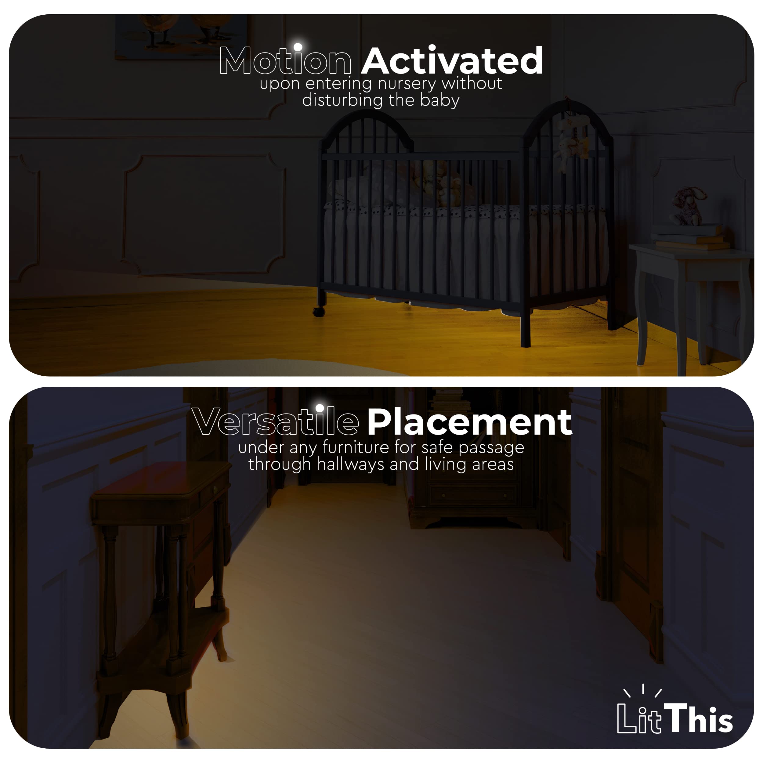 Luces debajo de la cama con sensor de movimiento, sin instalación; se desliza debajo de los muebles. Luces LED con detección de movimiento de 360° para camas y salas de estar. Brillo ajustable