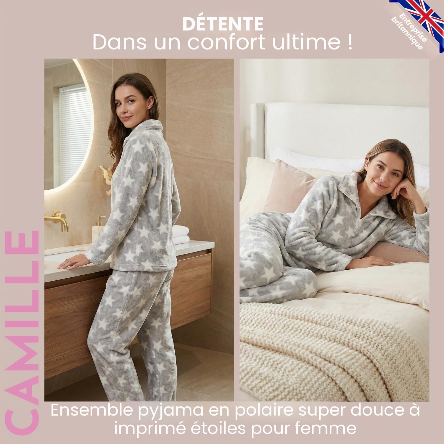 Camille Ensemble Pyjama 2 pièces Super Doux pour Femme – Imprimé étoiles Blanches en Polaire épaisse – Manches Longues et Taille élastique pour Un Confort et Une Chaleur ultimes