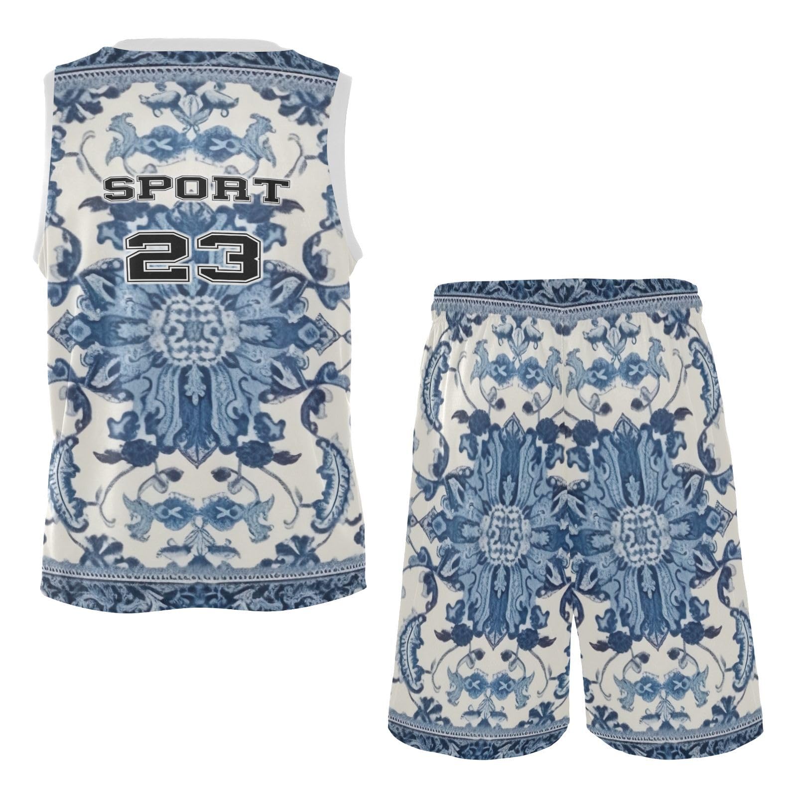 FLildon Bohemian Floral Blue Boys Basketball Jersey Set Tank Top Shorts Tracksuit Sport Training Suit for Kids, M