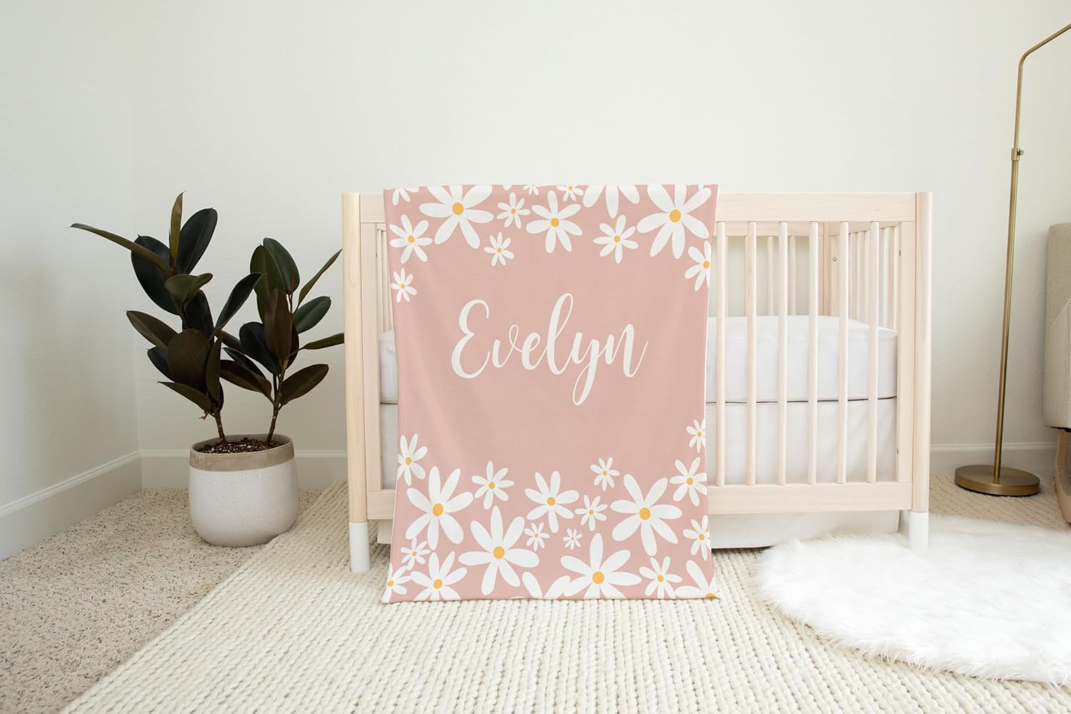 White Daisies Floral Personalized Baby Girl Blanket, Custom Name Gift (Pink 30 x 40 Baby), BB-01