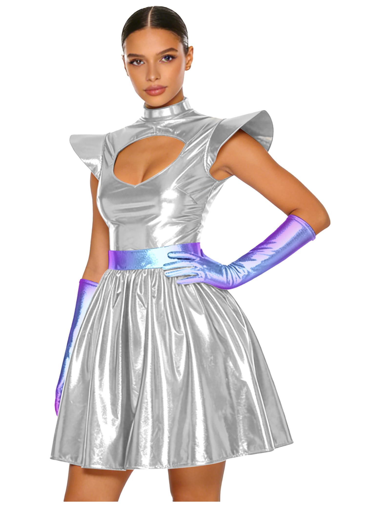 Manyakai Women Alien Costume Shiny Metallic Flying Sleeve Dress with Gloves Star Fire Cosplay Theme Outfits Silver XXL