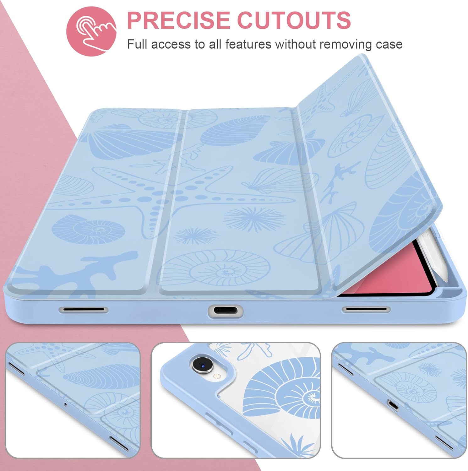 Case for Samsung Galaxy Tab S11 (2025 Release) 11 inch SM-X730/X736B with S Pen Holder - Cute Trifold Cover with Clear Back, Auto Sleep/Wake, Aesthetic Preppy Design for Girls, Conch