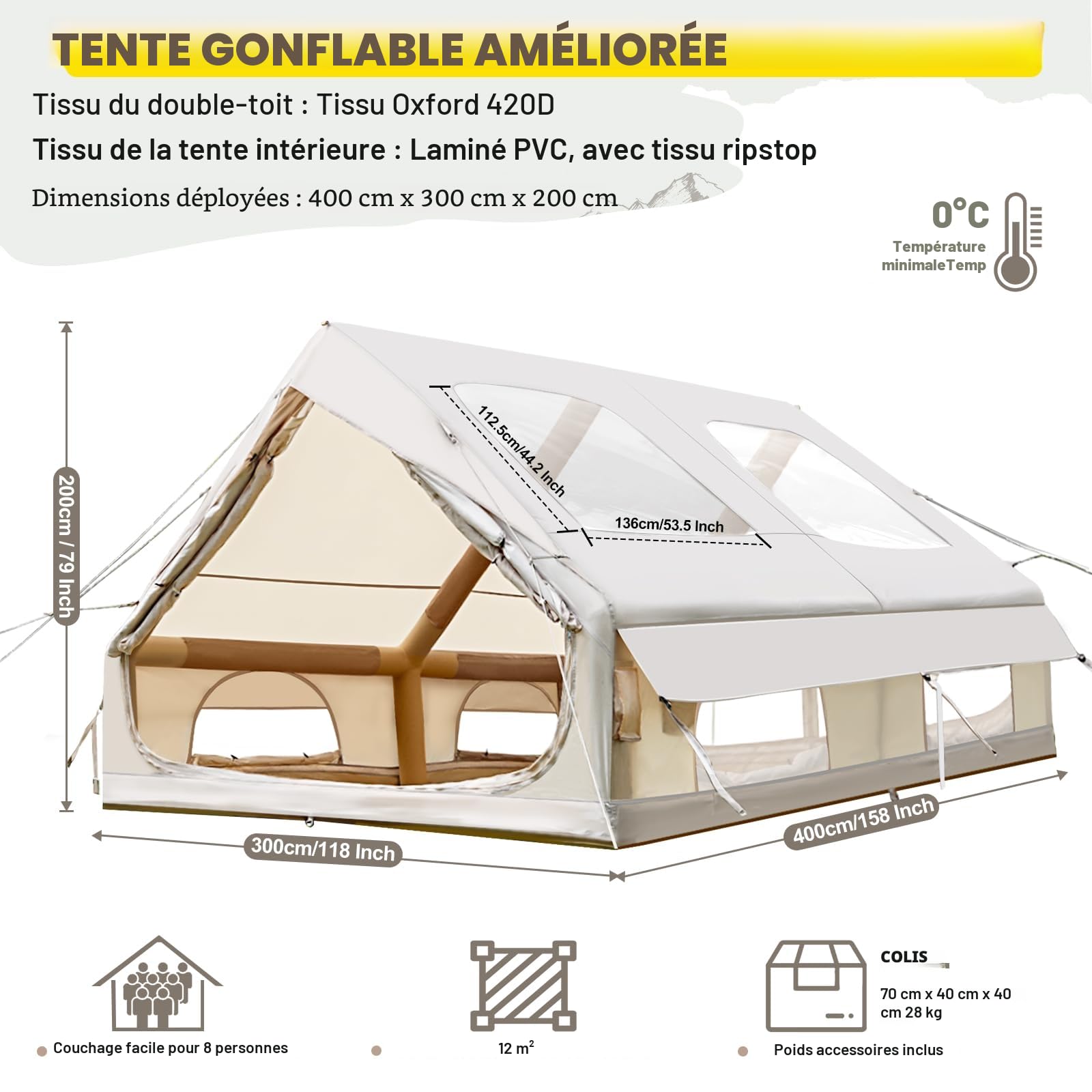 Tente gonflable avec cheminée et fenêtre de toit, tissu Oxford imperméable adapté aux 4 saisons, tente d'extérieur pour 2 à 10 personnes, avec pompe à air, montage rapide