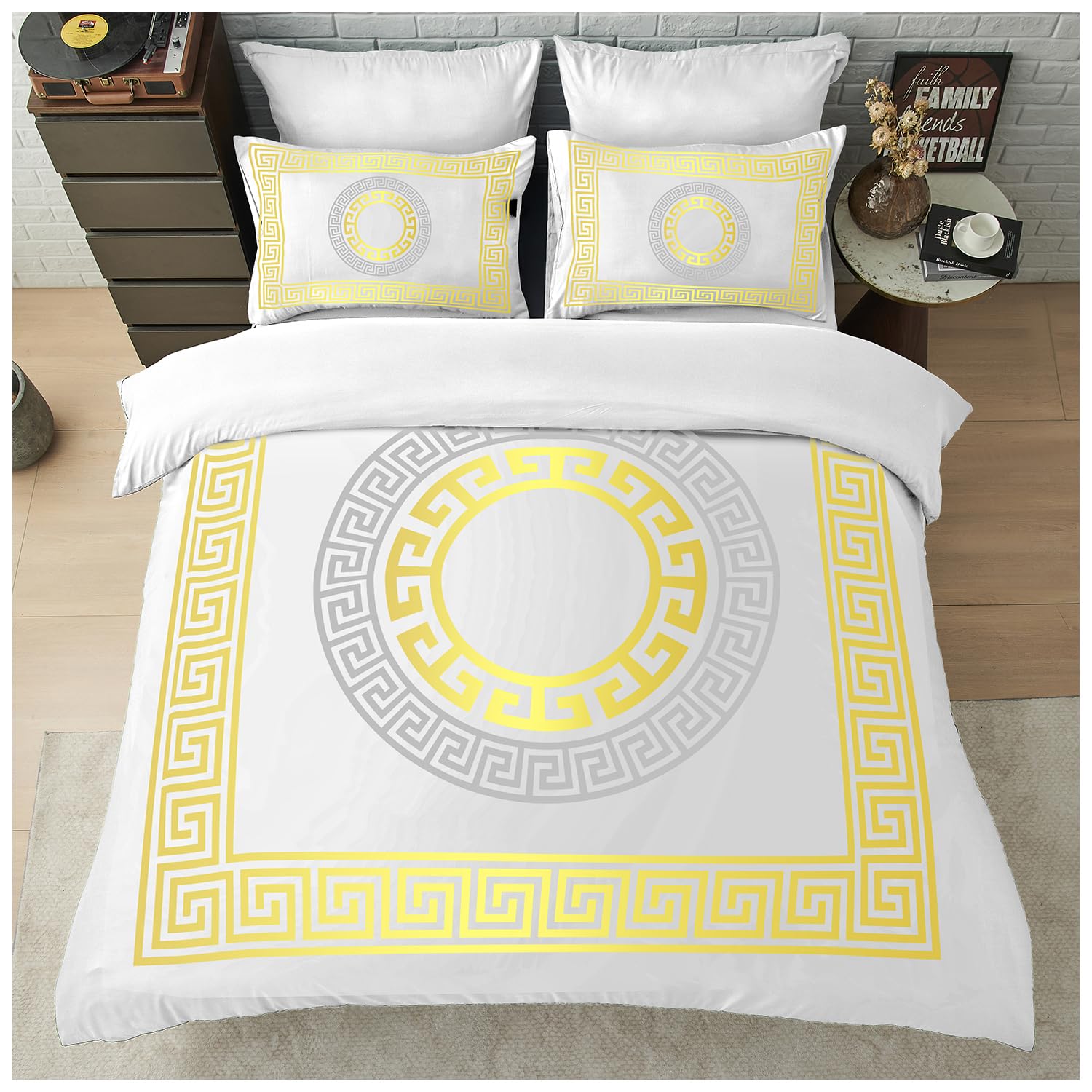 Gc Gaveno Cavailia White Greek Double Duvet Set - Easy Care Microfiber Quilt Cover With Pillowcases - Lightweight & Durable Duvet Comforter - Geometric Style Bedding Set,