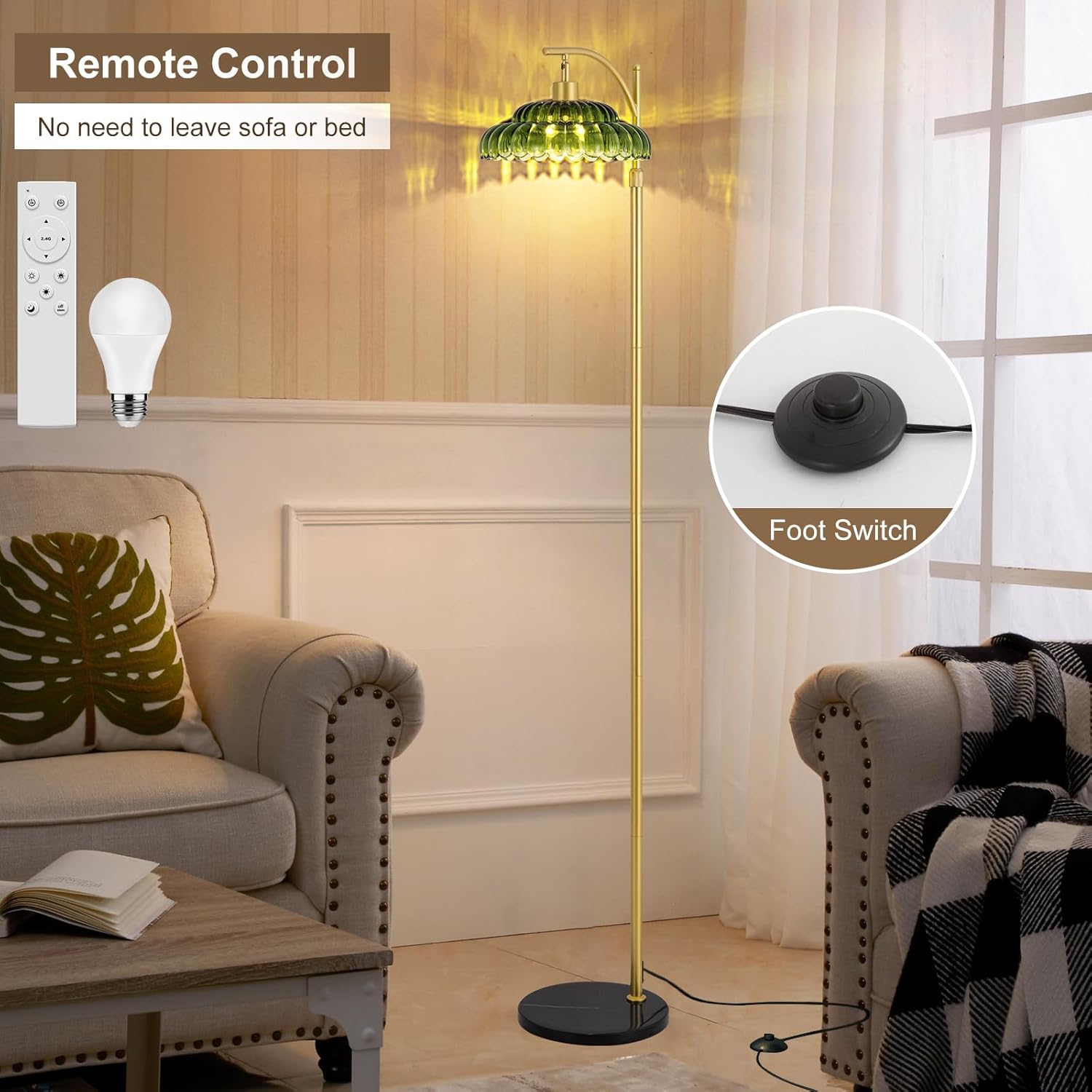 EIDISUNY Gold Floor Lamp for Living Room, Modern Standing Lamp with Remote, Dimmable, 3CCT, Arc Tall Floor Lamp with Green Glass Lampshade for Bedroom Study Room Office (Bulb Included)