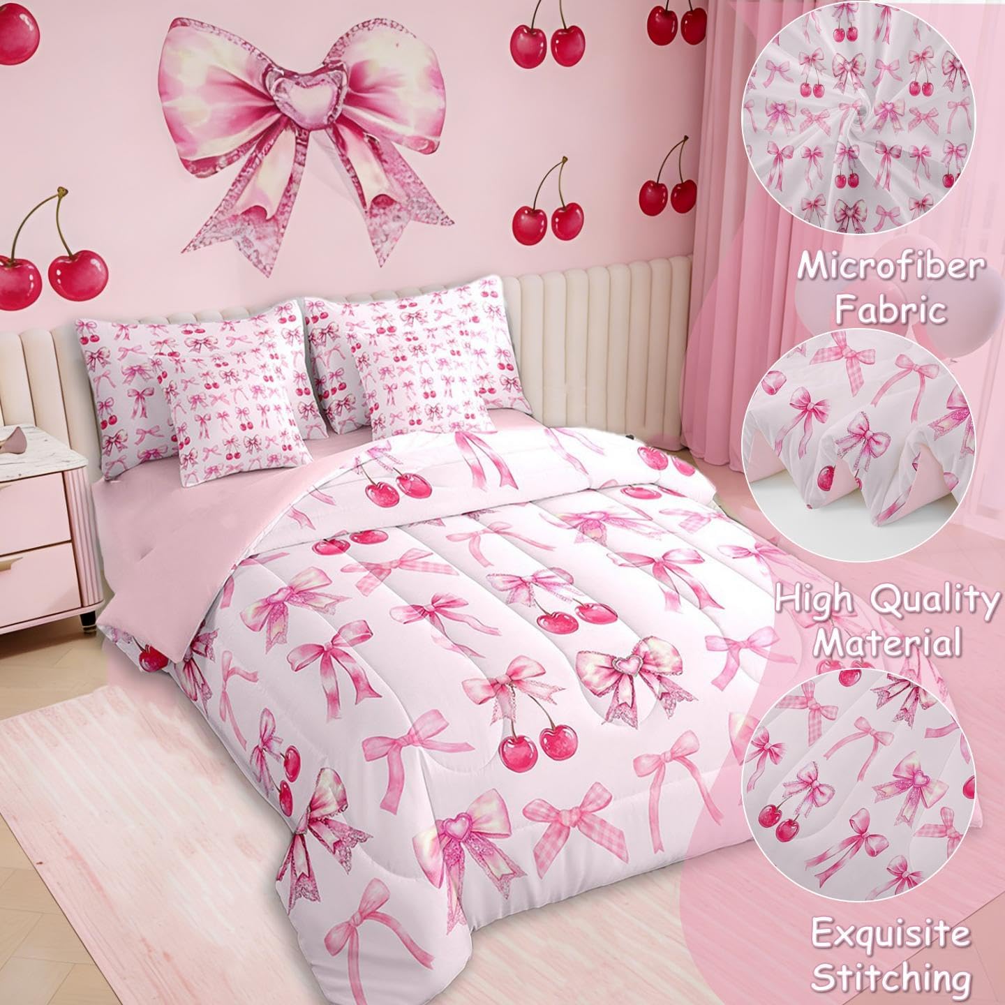 Pink Cherry Bow Bed in a Bag Queen Comforter Set 7 Piece,Cute Silk Ribbon Bowknot Bedding Set,Princess Bow Tie Comforter and Sheet Set Dreamy Kawaii Bed Set,Girly Light Pink Room Decor Aesthetic