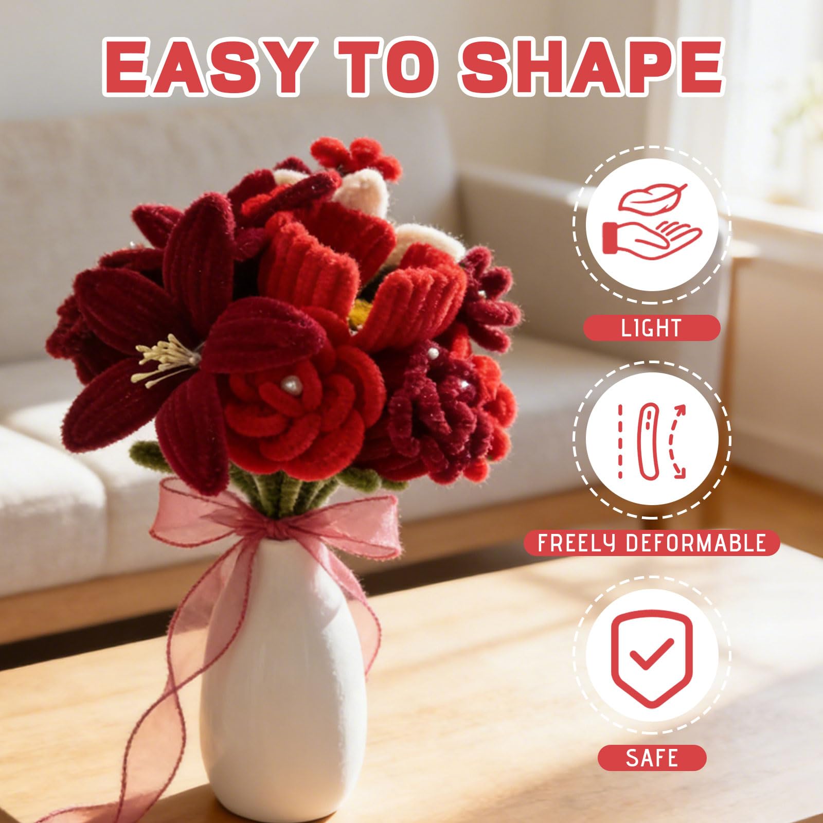 311 Pezzi Kit Fiori con Scovolini Rossi, Set Fai da Te con Accessori per Fiori DIY, Decorazioni Festive e Progetti di Classe