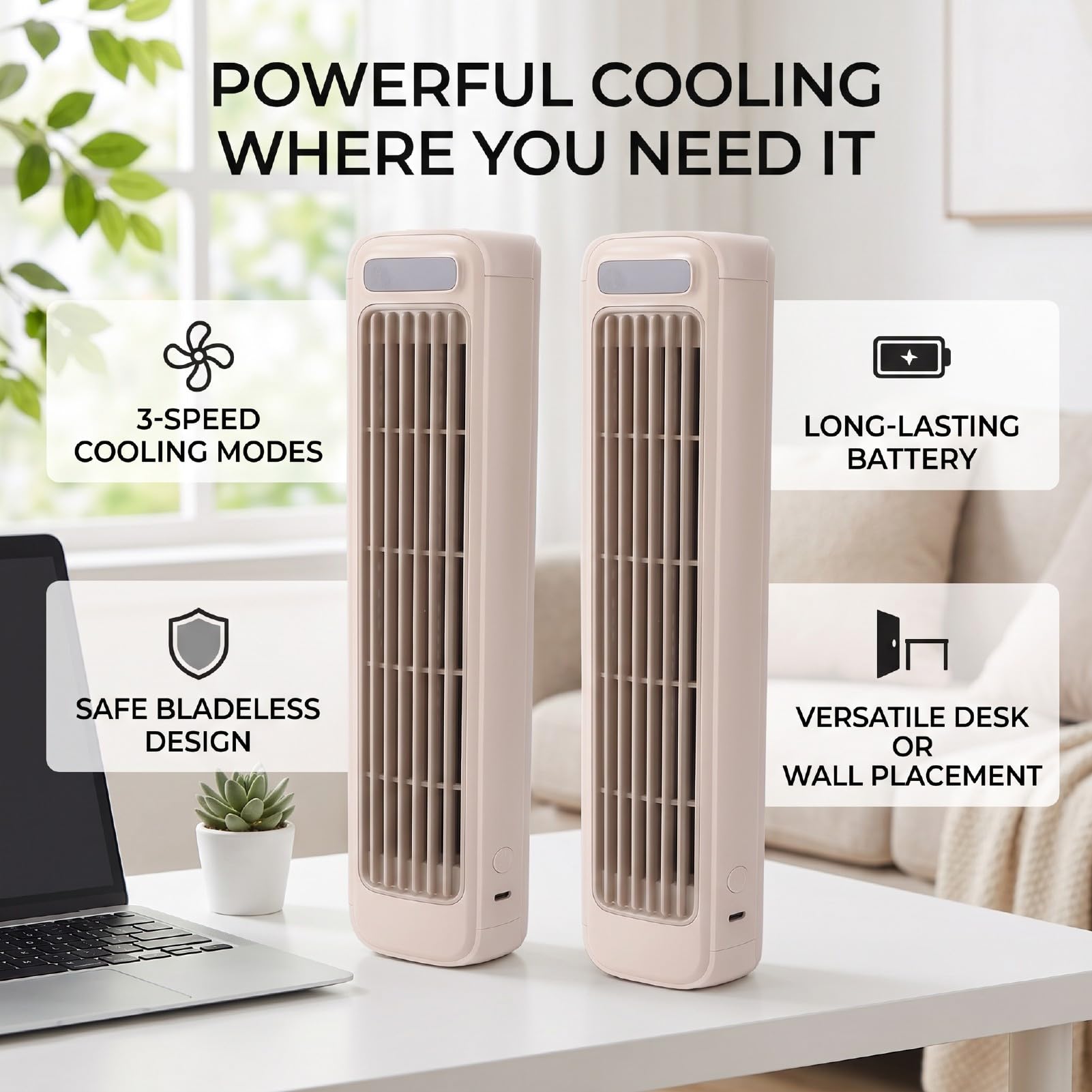 Ventilatore a Torre per Condizionatore Portatile | Ricarica USB touch LED a 3 velocità, raffreddamento evaporativo senza lama, scrivania da ufficio in camera da letto