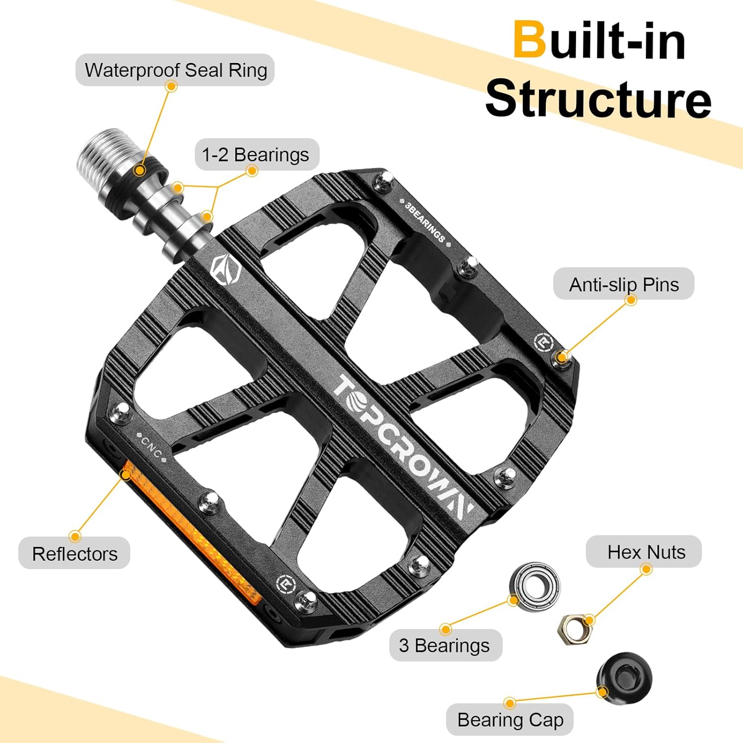 Topcrown Mountain Bike Pedals with Reflectors, Aluminum Metal Bicycle Flat Pedals 9/16" - 3 Sealed Bearings, Non-Slip Wide Platform with Removable Pins for MTB, Road Bike, BMX, Ebike