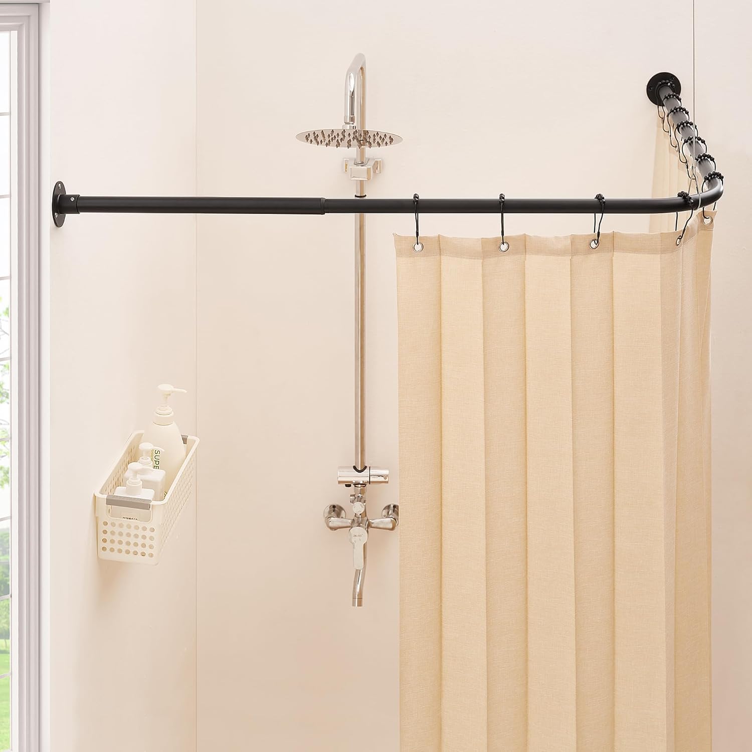 L Shaped Corner Shower Curtain Rod, [39"-67.8"] x [55"-84"] Heavy Duty 90 Degree Adjustable Shower Pole for Bathroom, Bathtub & Outdoor with 12 Hooks & Ceiling Support - Matte Black