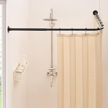 L Shaped Corner Shower Curtain Rod, [23.6"-52"] x [23.6"-52"] Heavy Duty 90 Degree Adjustable Shower Pole for Bathroom, Bathtub & Outdoor with 12 Hooks & Ceiling Support - Matte Black
