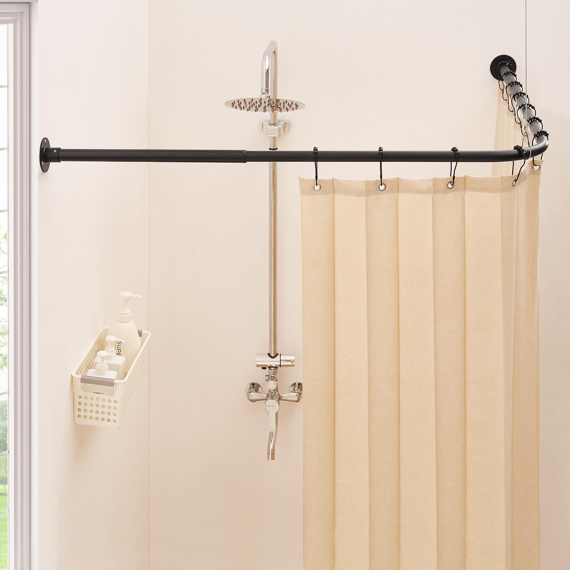 Asta Doccia Angolare a L, Regolabile [60-132 cm] x [60-132 cm], Robusta e Regolabile 90° per Bagno, Vasca ed Esterno con 12 Ganci e Supporto a Soffitto