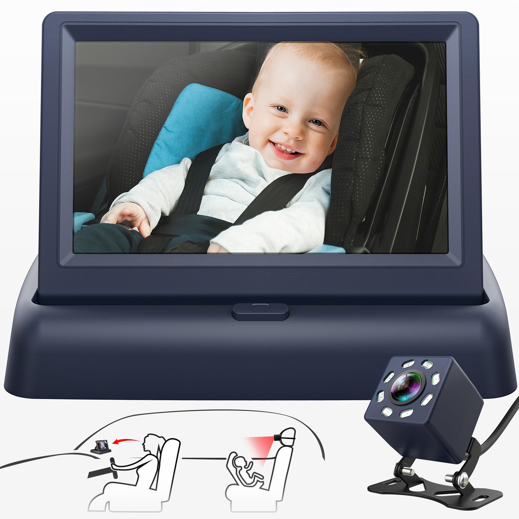 Baby Car Mirror, 4.3'' HD Night Vision Function Car Mirror Display, Safety Car Seat Mirror Camera Monitored Mirror with Wide Crystal Clear View, Aimed at Baby, Easily Observe the Baby’s Move