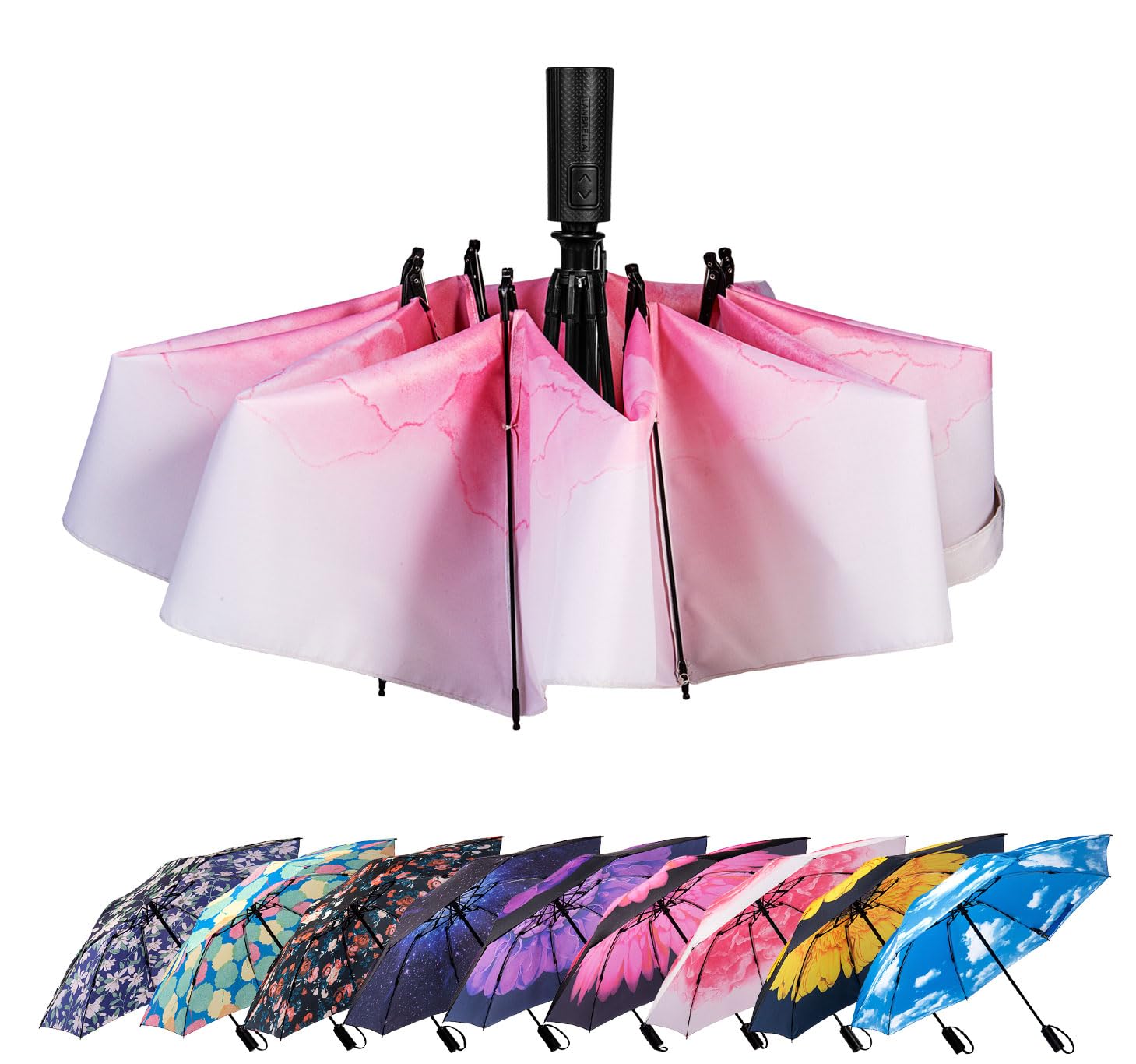 LANBRELLA Compact Reverse Folding Umbrella Auto Windproof Travel Umbrella