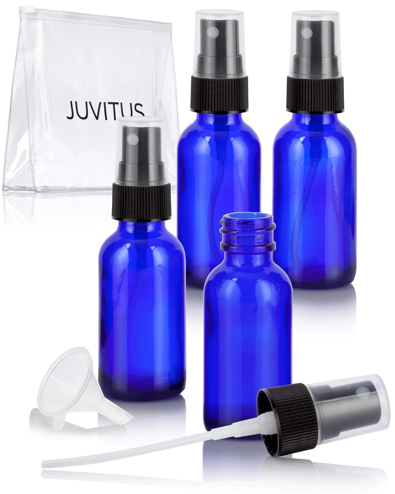 JUVITUS 1 oz / 30 ml Cobalt Blue Glass Boston Round Bottle with Black Fine Mist Spray (4 Pack) + Clear Travel Bag and Funnel