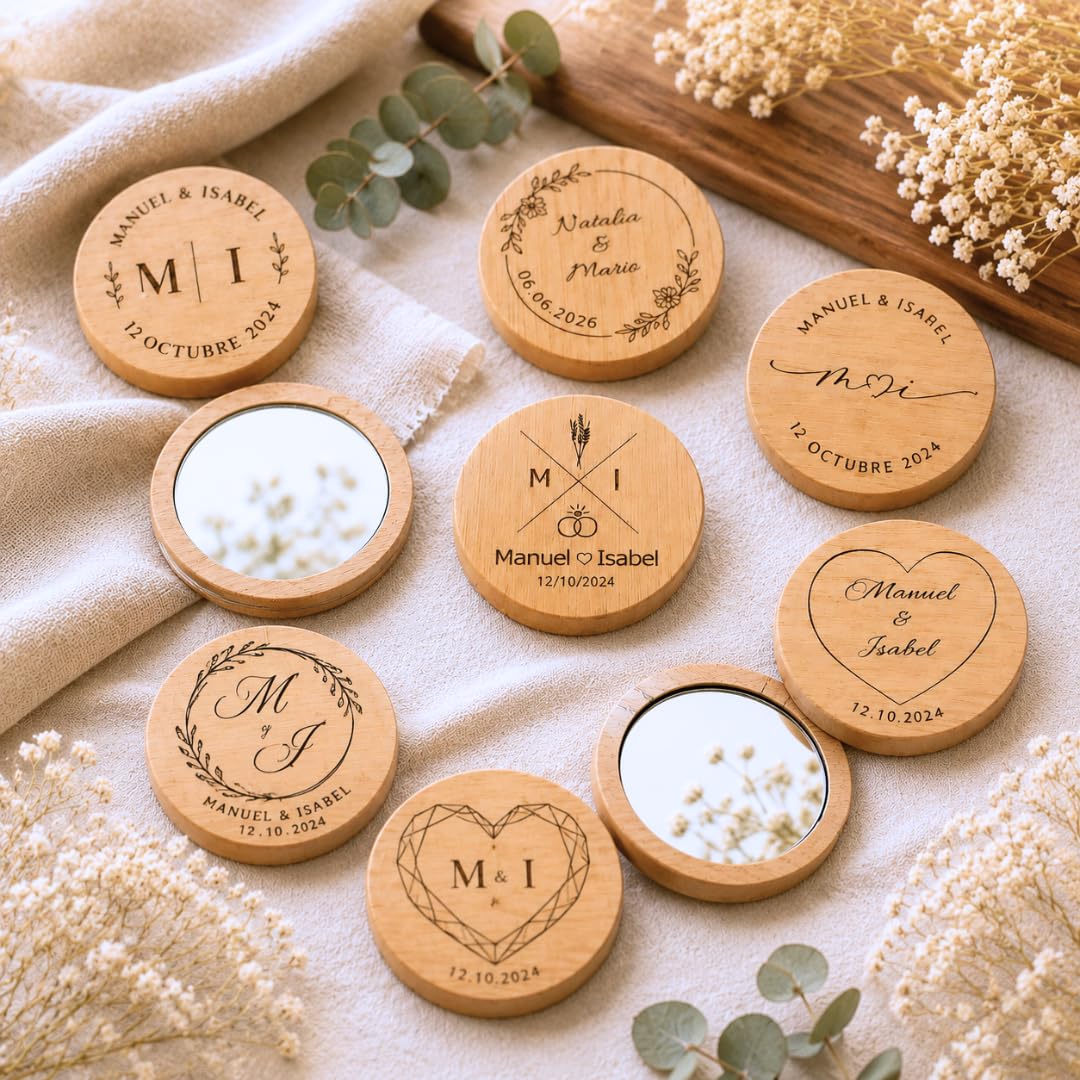 Amaisso® Espejo de Madera Personalizado para Boda con Grabado Pack 10 | Detalle para Invitados de Boda, Comunión y Bautizo | Regalo Personalizado con Nombres, Fecha y Diseño Elegante