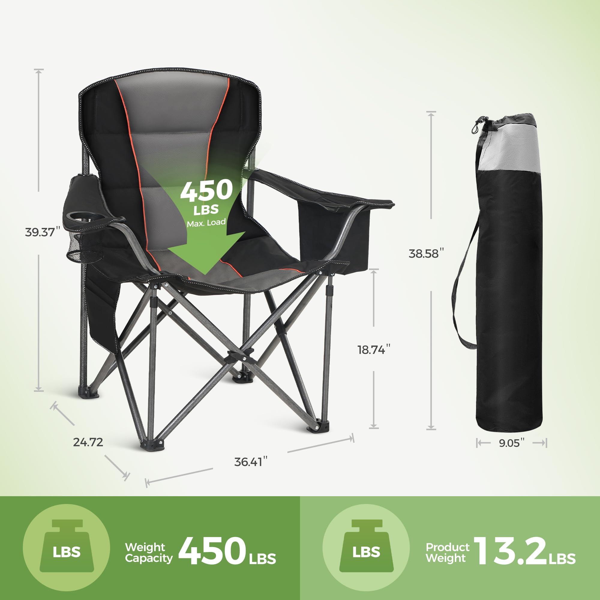 LET'S CAMP Campingstuhl Klappstuhl Faltbar Übergroßer Angelstuhl mit Getränkehaltern Kühltasche Faltstuhl Outdoorstuhl bis 200kg