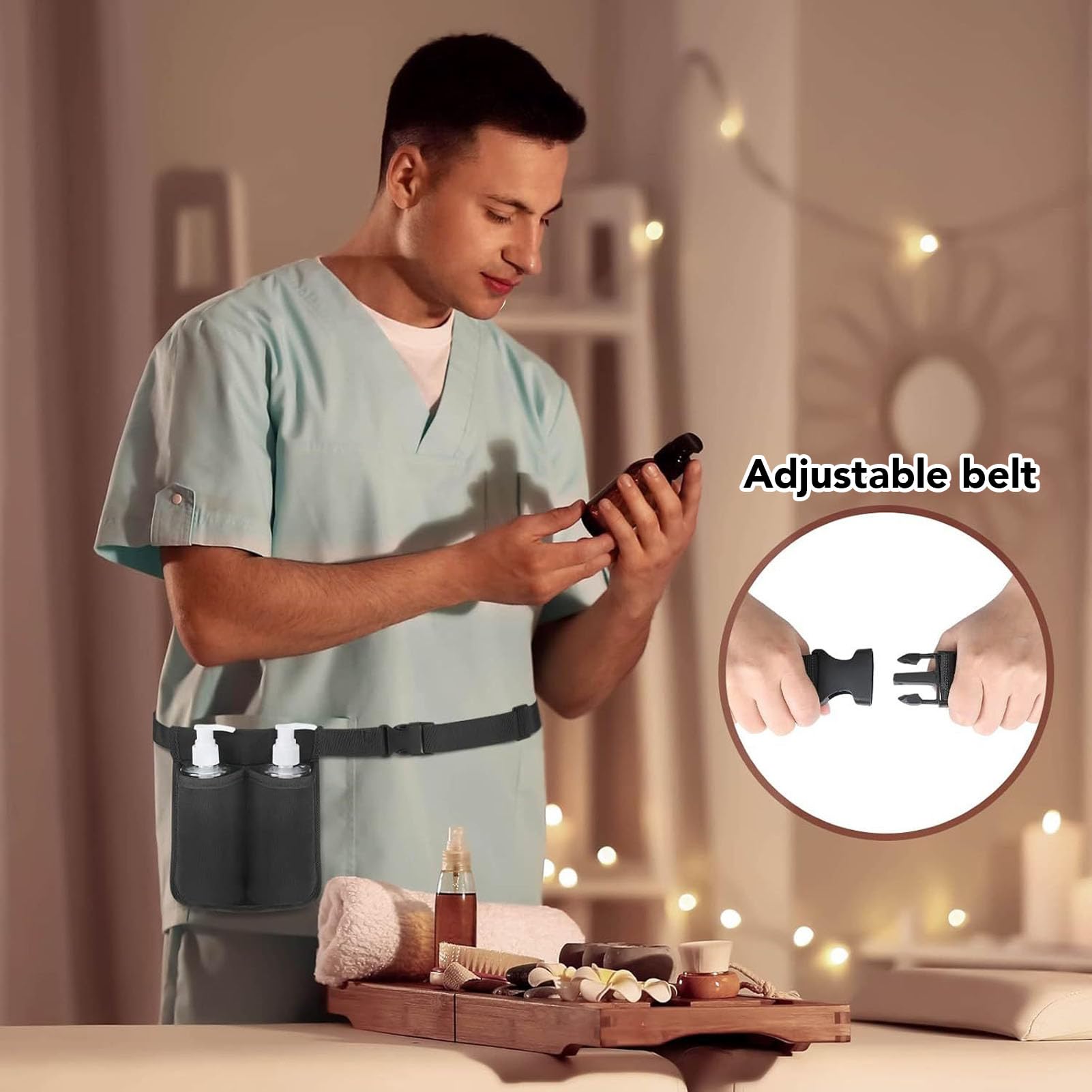 Massage Waist Pouch Adjustable Oil Bottle Holster with 2 Compartments, Neoprene Material Massage Oils Bottle Bag for Masseur, Convenient During Work