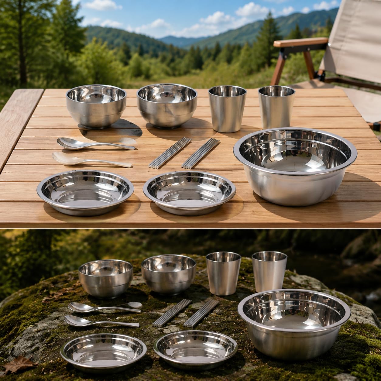 Camping Geschirr Set aus Elstahl, tragbares Outdoor Besteck Set für und Picknick, 11-teiliges Set aus Edelstahl