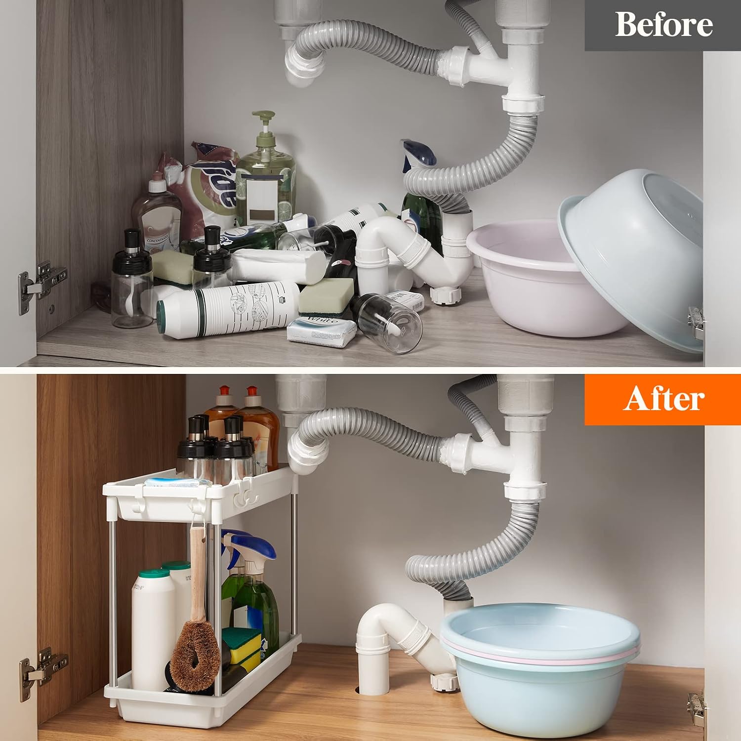 Lifewit Under Sink Organizer, 2 Tier Shelf Rack with 4 Hooks for Bathroom Cabinet Kitchen Countertop Office Holder Storage, Multi-purpose Baskets Holder for Space Saving, Easy Assembly, White, 2 Pack
