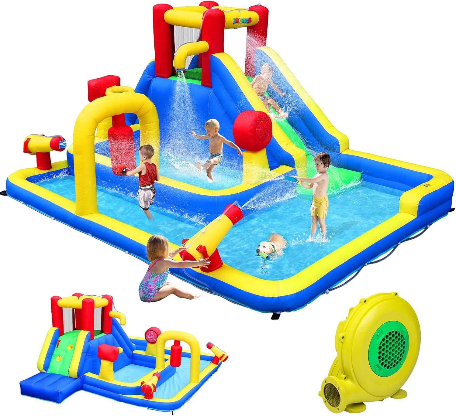 JOYMOR 10-in-1 Inflatable Water Slide Bounce House w/Deeper Pool, Obstacle Course, Climbing Wall, 1min Blow Up Water Slides for Kids Backyard Party Gift (Blue & Red)