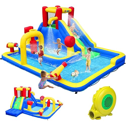 JOYMOR 10-in-1 Inflatable Water Slide Bounce House w/Deeper Pool, Obstacle Course, Climbing Wall, 1min Blow Up Water Slides for Kids Backyard Party Gift (Blue & Red)