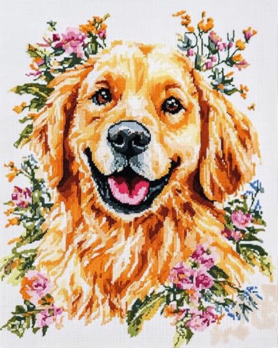 Axiangzik Golden Embroidery Kit Cross Stitch Gifts,11Ct,Animal Dog, Retriever,Diy Cross Stitch Patterns Kits Crafts Embroidery Set For Home Decor,40X50cm