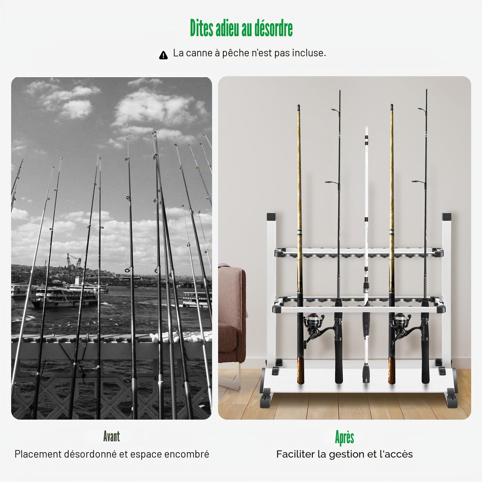 Porte-cannes de Pêche, Support pour 24 Cannes en Aluminium Léger, Organisateur Réglable et Pliable 73x32x72 cm, à Rainures Protectrices EVA, pour Garage, Bateau et Maison (Couleur Argent)