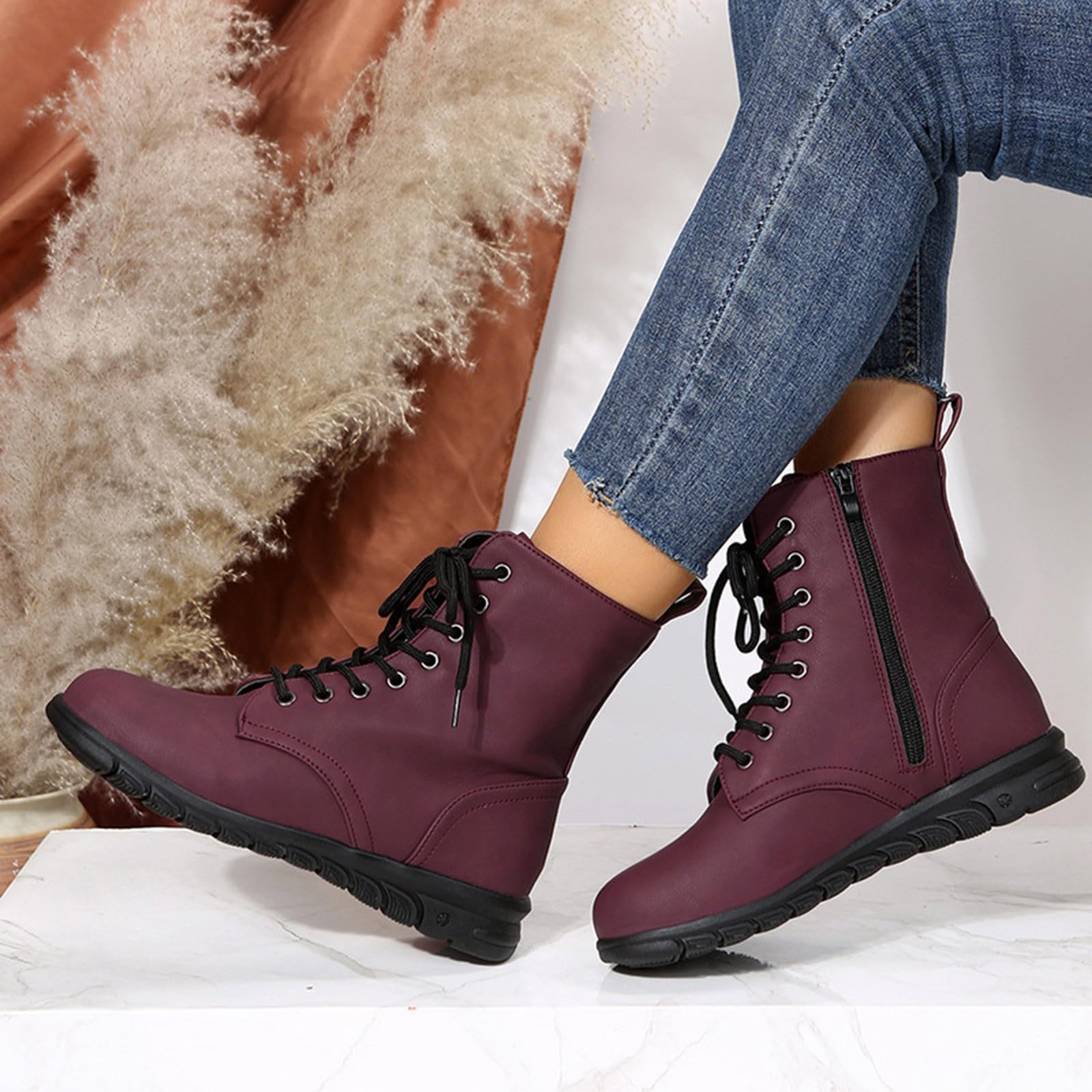 Generisch Stivali da donna per il tempo libero, in pelle, con lacci, leggeri, ortopedici, con cerniera, autunno, inverno, da donna, Colore: rosso, 38 EU