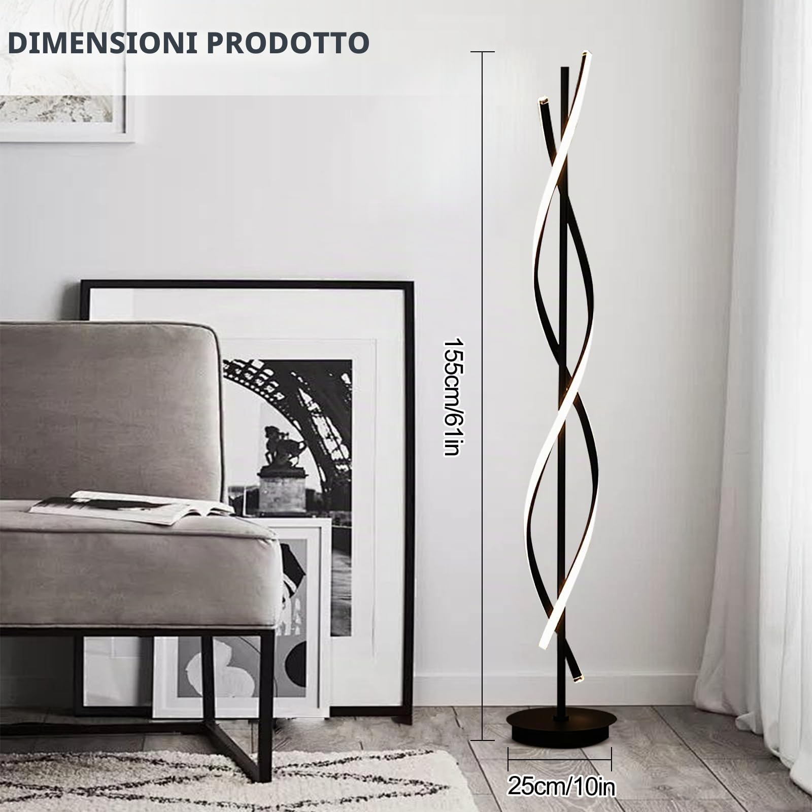 Lampada da terra a LED per soggiorno, dimmerabile, moderna, a spirale, per soggiorno, camera da letto, cameretta dei bambini (155 cm, nero)