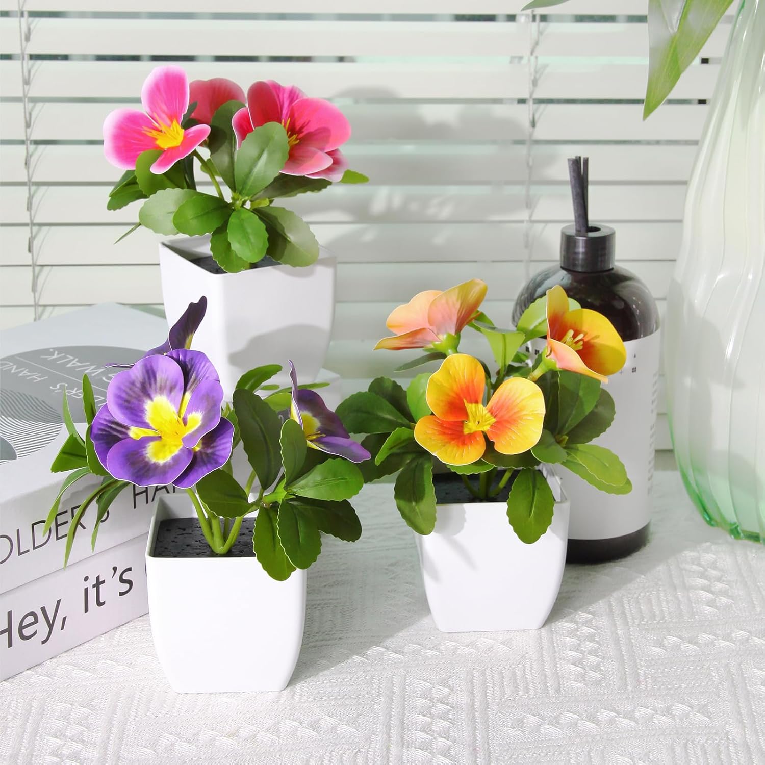 Artificial Pansy Flowers in Pots (6 Pack) – Bathroom Decor Plants Mini Faux Plants for Bathroom Decor, Office Desk & Home – Small Artificial Plants in Pots Mini Fake Plants Fake Greenery Gift Set